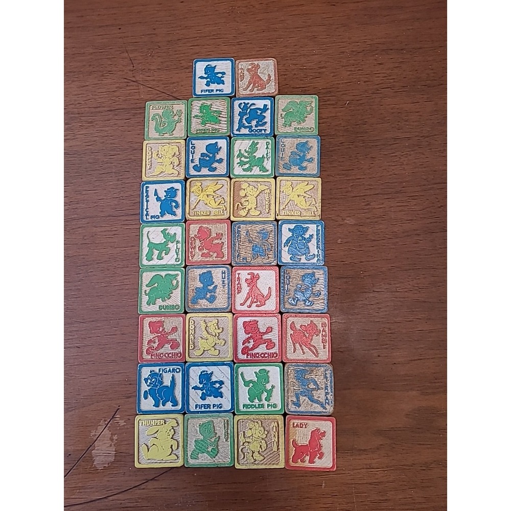Vintage Walt Disney 34 Wooden Blocks Set Letters‎ Numbers Characters